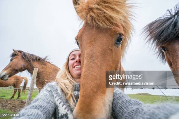 jonge vrouw neemt leuke selfie portret met ijslandse paard in de weide - funny selfie stockfoto's en -beelden