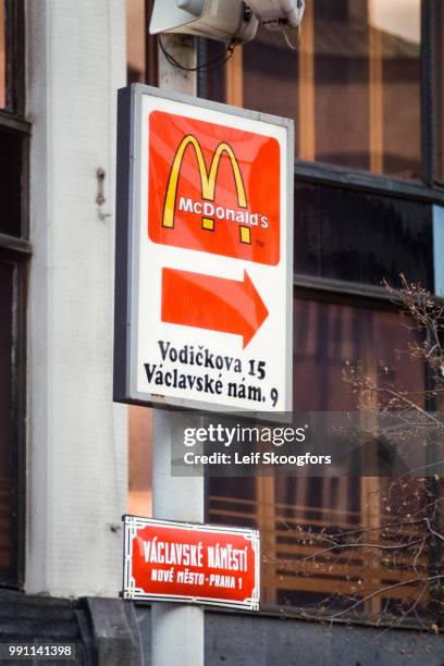 View of a street sign that advertises a McDonald's fast food restaurant in Vaclavske namesti in the New Town area of Prague, Czech Republic, 1997.