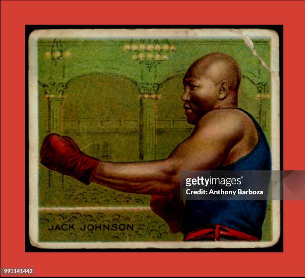 Postcard features an illustration of an American heavyweight boxer Jack Johnson in a fighting stance, 1900s.