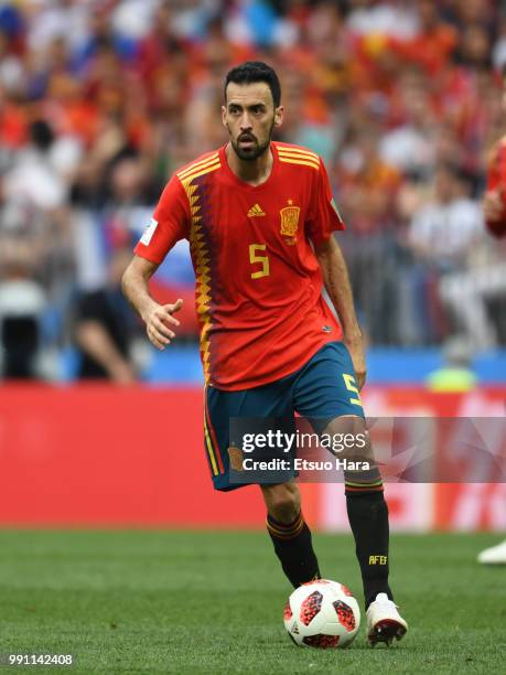 Sergio Busquets of Spain in action during the 2018 FIFA World Cup Russia Round of 16 match between Spain and Russia at Luzhniki Stadium on July 1,...