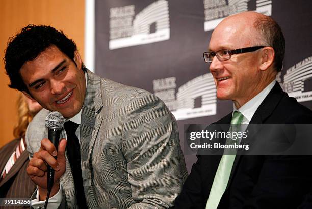 Mark Sanchez, quarterback of the New York Jets, speaks during a news conference with Woody Johnson, the chairman and chief executive officer of the...