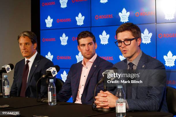 Kyle Dubas, General Manager of the Toronto Maple Leafs speaks at a press conference about signing free agent, John Tavares of the Toronto Maple...