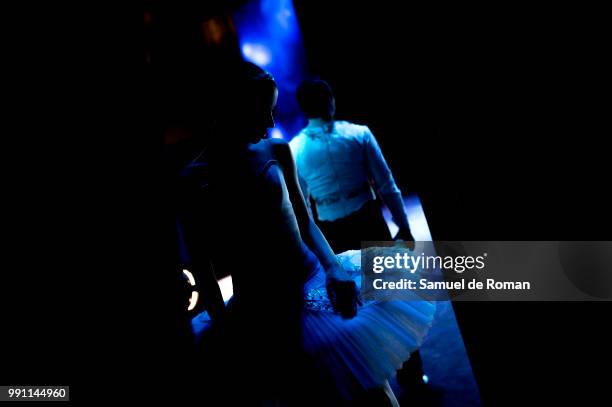 Dancer prepares backstage ahead of a rehearsal for 'El lago de Los Cisnes'on July 3, 2018 in Madrid, Spain.