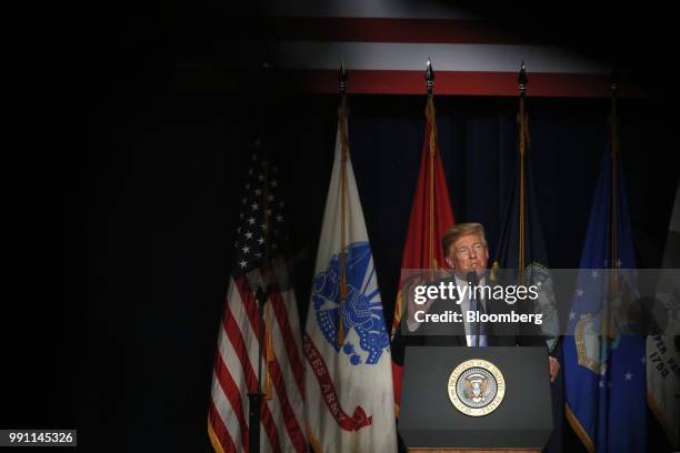 President Donald Trump speaks during a Salute to Service dinner in White Sulphur Springs, West Virginia, U.S., on Tuesday, July 3, 2018. Trump added...