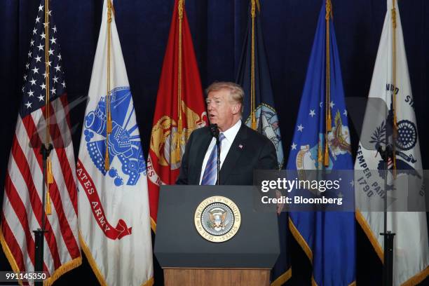 President Donald Trump speaks during a Salute to Service dinner in White Sulphur Springs, West Virginia, U.S., on Tuesday, July 3, 2018. Trump added...