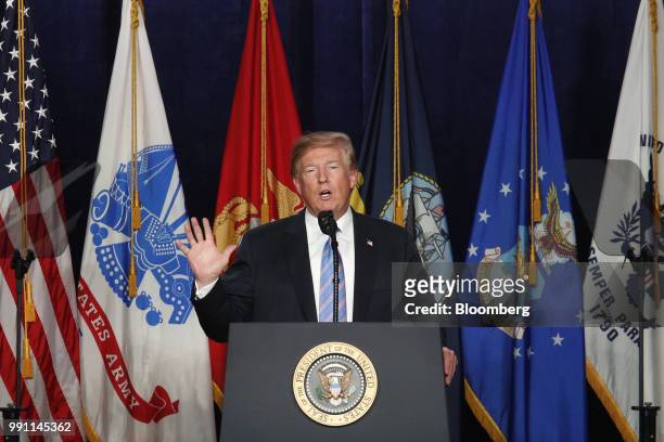 President Donald Trump speaks during a Salute to Service dinner in White Sulphur Springs, West Virginia, U.S., on Tuesday, July 3, 2018. Trump added...