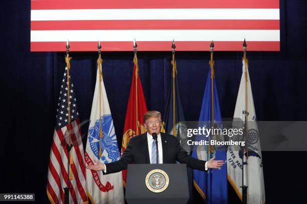 President Donald Trump speaks during a Salute to Service dinner in White Sulphur Springs, West Virginia, U.S., on Tuesday, July 3, 2018. Trump added...