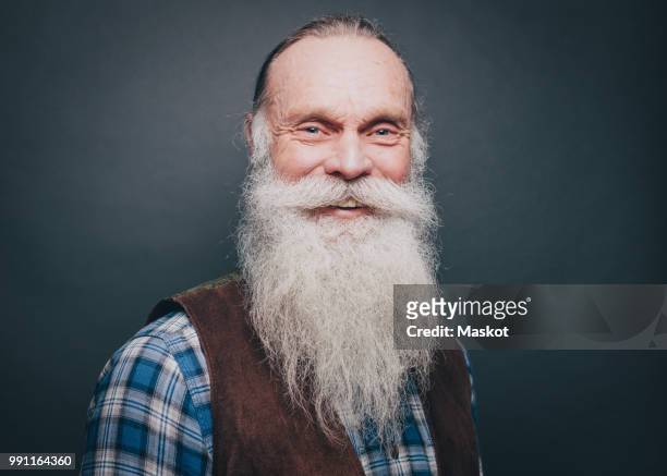 portrait of smiling senior man with white beard and mustache against gray background - long hair stock pictures, royalty-free photos & images