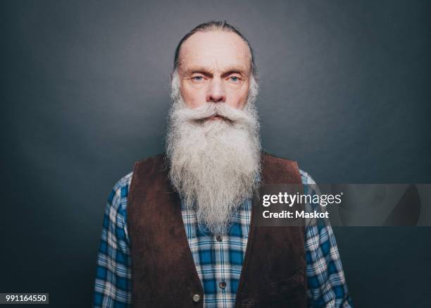 portrait of confident senior man with long white beard against gray background - facial hair stock pictures, royalty-free photos & images