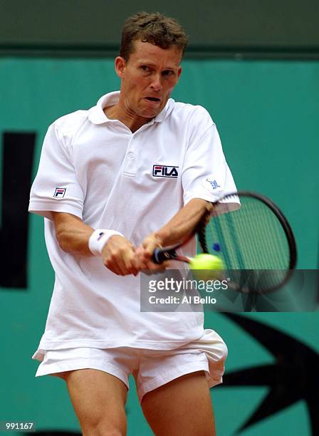 Lars Burgsmuller of Germany returns in his third round match against Galo Blanco of Spain during the French Open Tennis at Roland Garros, Paris,...