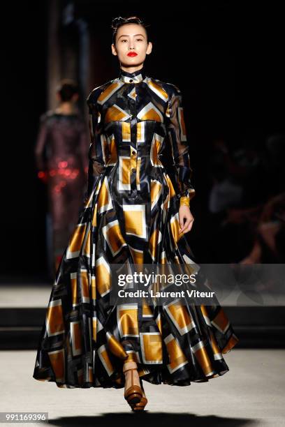 Model walks the runway during the Julien Fournie Haute Couture Fall Winter 2018/2019 show as part of Paris Fashion Week on July 3, 2018 in Paris,...