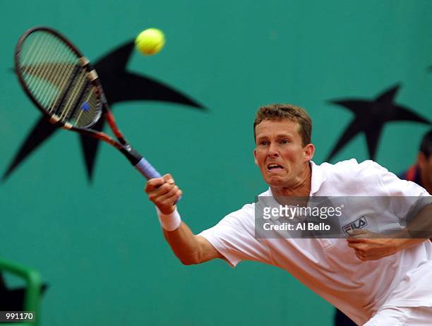 Lars Burgsmuller of Germany returns in his third round match against Galo Blanco of Spain during the French Open Tennis at Roland Garros, Paris,...