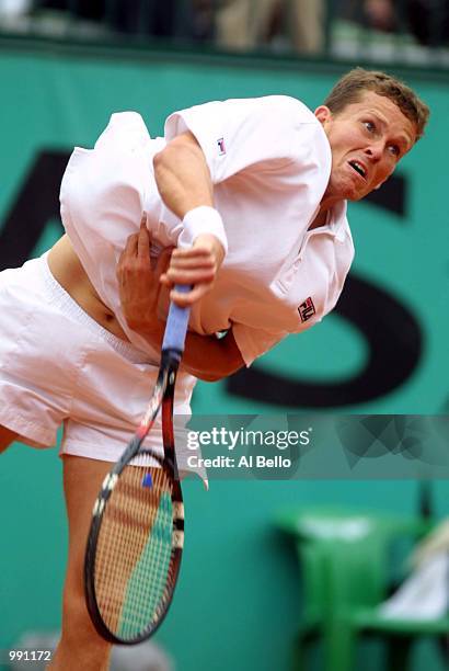 Lars Burgsmuller of Germany serves in his third round match against Galo Blanco of Spain during the French Open Tennis at Roland Garros, Paris,...