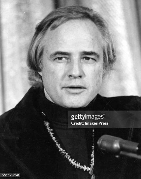 Marlon Brando attends the First Gala Benefiting the American Indian Development Association at the Waldorf Astoria Hotel on November 26, 1974 in New...
