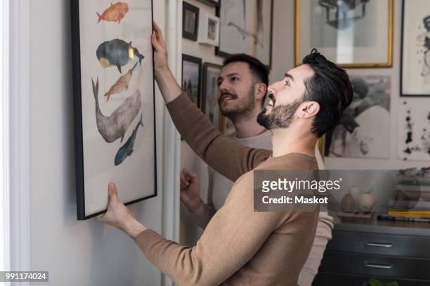 homosexual couple hanging painting on wall at home - decoration stock-fotos und bilder