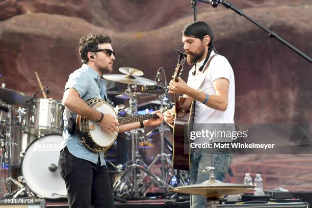 Scott Avett and Seth Avett of The Avett Brothers perform at Red Rocks Amphitheatre on July 1, 2018 in Morrison, Colorado.