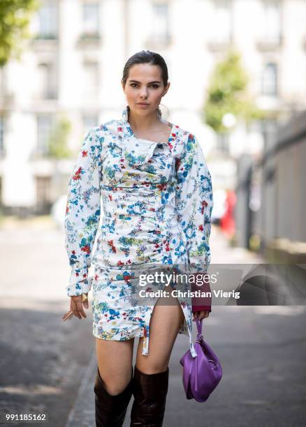 Doina Ciobanu is seen outside Ulyana Sergeenko on day three during Paris Fashion Week Haute Couture FW18 on July 2, 2018 in Paris, France.