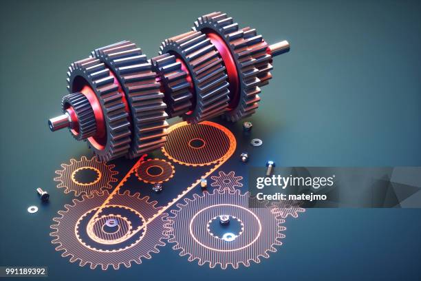 artificial gearbox machinery setup with schematics - disassembling stock pictures, royalty-free photos & images