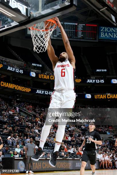 Omari Spellman of the Atlanta Hawks dunks against the San Antonio Spurs during the 2018 Utah Summer League on July 3, 2018 at Vivint Smart Home Arena...