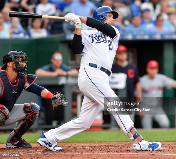 The Kansas City Royals' Lucas Duda follows through on a two-run home run in the first inning against the Cleveland Indians on Tuesday, July 3 at...