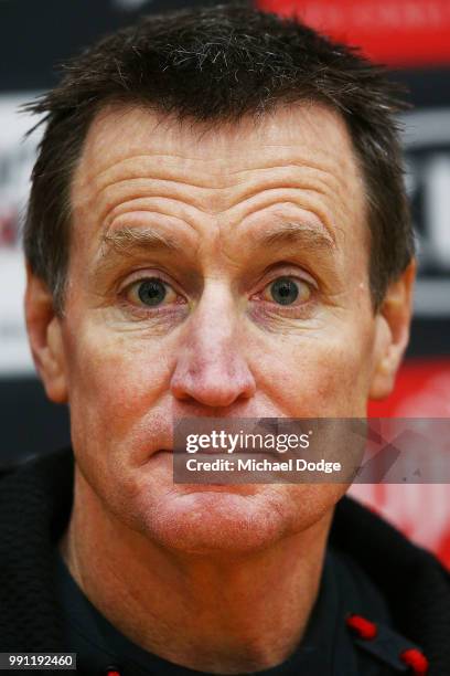 Bombers head coach John Worsfold speaks to media during an Essendon Bombers AFL training session the Essendon Football Club on July 4, 2018 in...