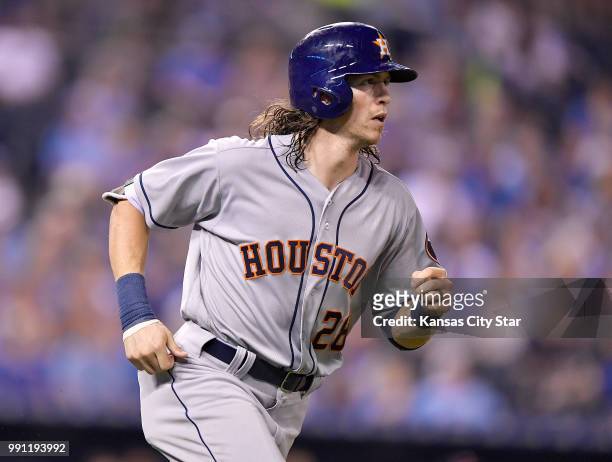 As a member of the Houston Astros, Colby Rasmus watches his solo home run leave the park against the Kansas City Royals on June 24 at Kauffman...