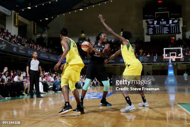 Tina Charles of the New York Liberty handles the ball against the Seattle Storm on July 3, 2018 at Westchester County Center in White Plains, New...