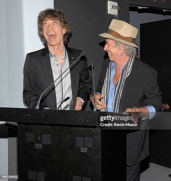 Exclusive* Mick Jagger and Keith Richards of the Rolling Stones introduce "Stones in Exile" at The Museum of Modern Art on May 11, 2010 in New York...