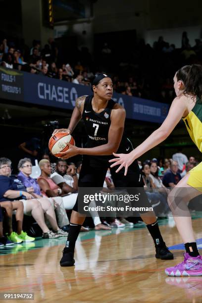 Kia Vaughn of the New York Liberty handles the ball against the Seattle Storm on July 3, 2018 at Westchester County Center in White Plains, New York....