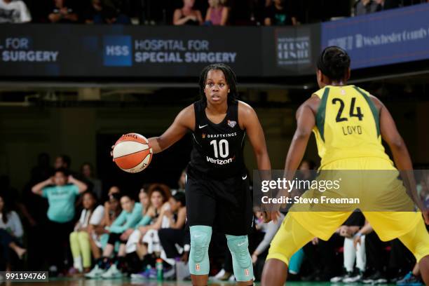 Epiphanny Prince of the New York Liberty handles the ball against the Seattle Storm on July 3, 2018 at Westchester County Center in White Plains, New...