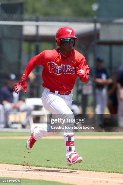 Clearwater, FL Luis Garcia of the Phillies hustles down to first base during the Gulf Coast League game between the GCL Yankees West and the GCL...