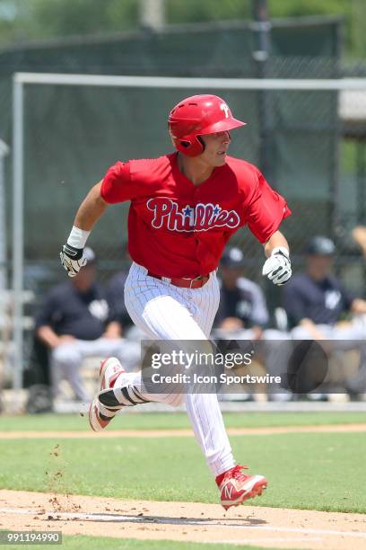 Clearwater, FL Trent Bowles of the Phillies hustles down to first base during the Gulf Coast League game between the GCL Yankees West and the GCL...