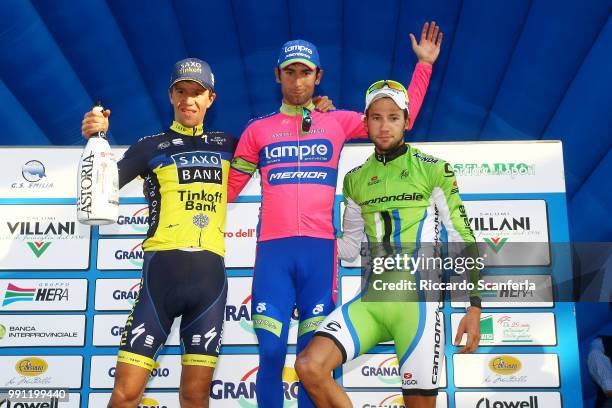 Giro Dell'Emilia 2013Podium, Chris Sorensen / Diego Ulissi /David Villella / Celebration Joie Vreugde/ Bologna - San Luca / / Tim De Waele