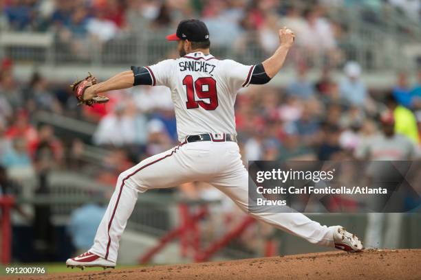 Anibal Sanchez of the Atlanta Braves pitches against the Cincinnati Reds at SunTrust Park on June 26 in Atlanta, Georgia. The Reds won 5-3.