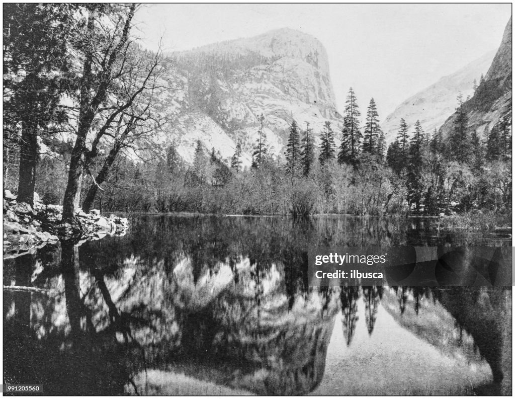 Antique photograph of America's famous landscapes: Mirror Lake, El Capitan, Yosemite park, California