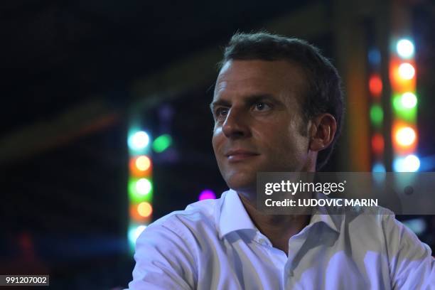 French President Emmanuel Macron visits the Afrika Shrine in Lagos on July 3, 2018. French President Emmanuel Macron has arrived in Abuja for a...