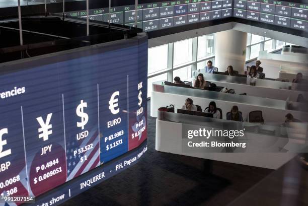 Traders work beneath a monitor displaying foreign exchange rates at the trading floor of the Philippine Stock Exchange in Bonifacio Global City ,...