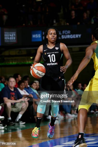 Epiphanny Prince of the New York Liberty handles the ball against the Seattle Storm on July 3, 2018 at Westchester County Center in White Plains, New...