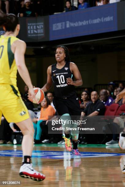 Epiphanny Prince of the New York Liberty handles the ball against the Seattle Storm on July 3, 2018 at Westchester County Center in White Plains, New...