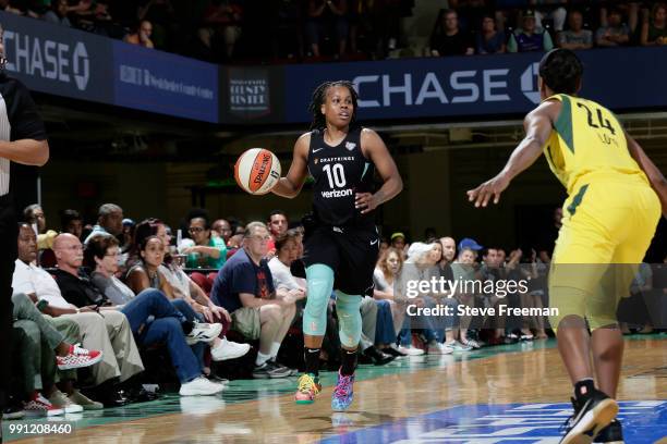 Epiphanny Prince of the New York Liberty handles the ball against the Seattle Storm on July 3, 2018 at Westchester County Center in White Plains, New...