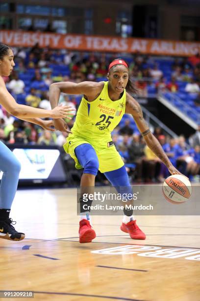 Glory Johnson of the Dallas Wings handles the ball against the Chicago Sky on July 3, 2018 at College Park Center in Arlington, Texas. NOTE TO USER:...