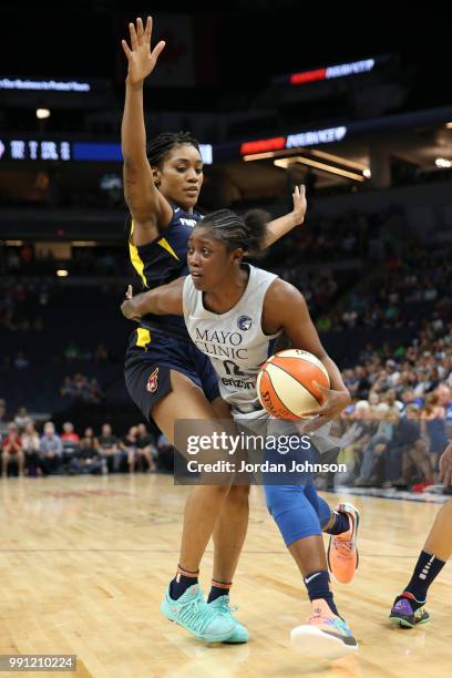 Alexis Jones of the Minnesota Lynx handles the ball against the Indiana Fever on July 3, 2018 at Target Center in Minneapolis, Minnesota. NOTE TO...