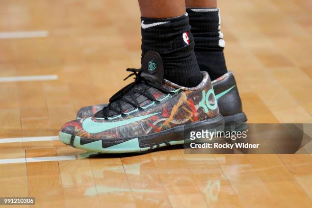 The sneakers of Derrick Jones Jr. #5 of the Miami Heat are seen during the game against the Los Angeles Lakers during the 2018 California Classic...