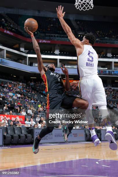 Derrick Jones Jr. #5 of the Miami Heat goes to the basket against the Los Angeles Lakers during the 2018 California Classic Summer League on July 3,...