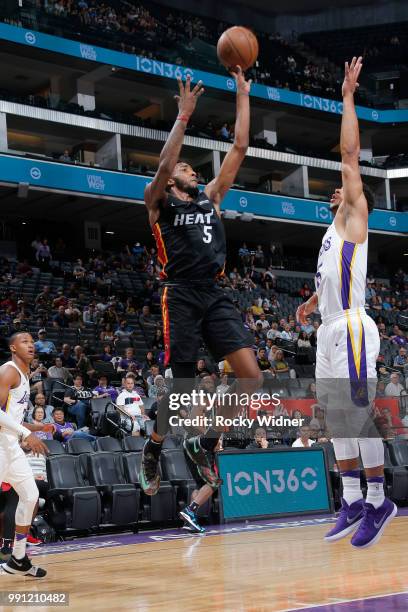 Derrick Jones Jr. #5 of the Miami Heat shoots the ball against the Los Angeles Lakers during the 2018 California Classic Summer League on July 3,...