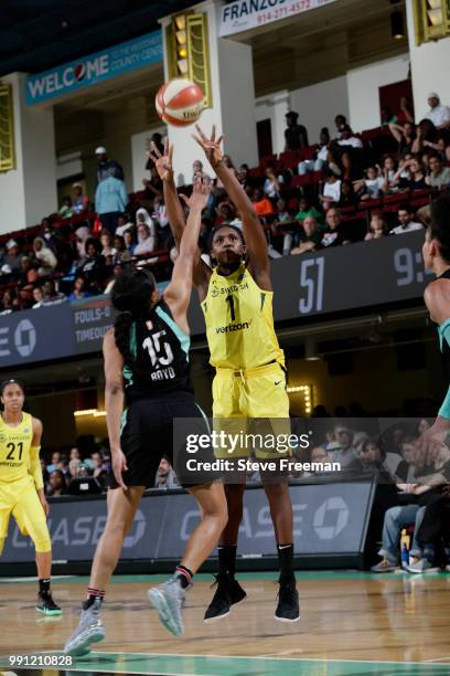 Crystal Langhorne of the Seattle Storm shoots the ball against the New York Liberty on July 3, 2018 at Westchester County Center in White Plains, New...