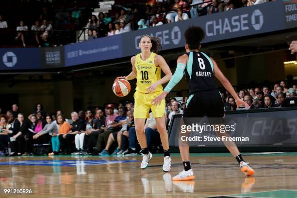 Sue Bird of the Seattle Storm handles the ball against the New York Liberty on July 3, 2018 at Westchester County Center in White Plains, New York....
