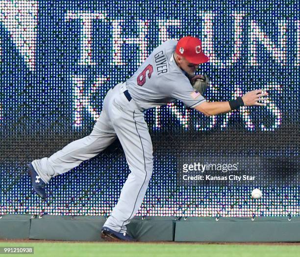 Cleveland Indians right fielder Brandon Guyer drops a double by the Kansas City Royals' Lucas Duda in the fifth inning on Tuesday, July 3 at Kauffman...