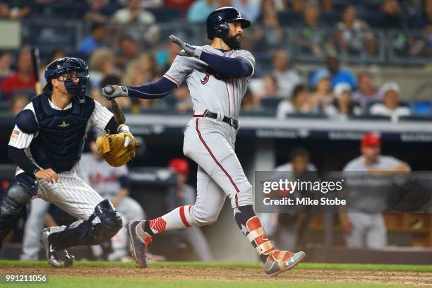 Nick Markakis of the Atlanta Braves hits a two-run home run in the seventh inning against the New York Yankees at Yankee Stadium on July 3, 2018 in...