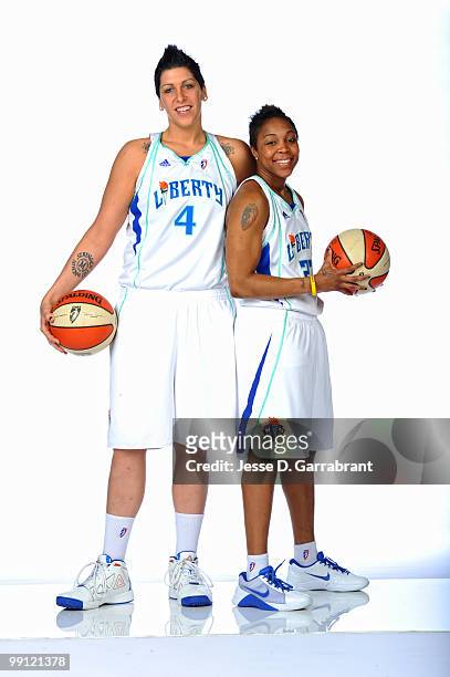 Janel McCarville and Cappie Pondexter of the New York Liberty pose for a photot during WNBA Media Day on May 12, 2010 at the MSG Training Facility in...